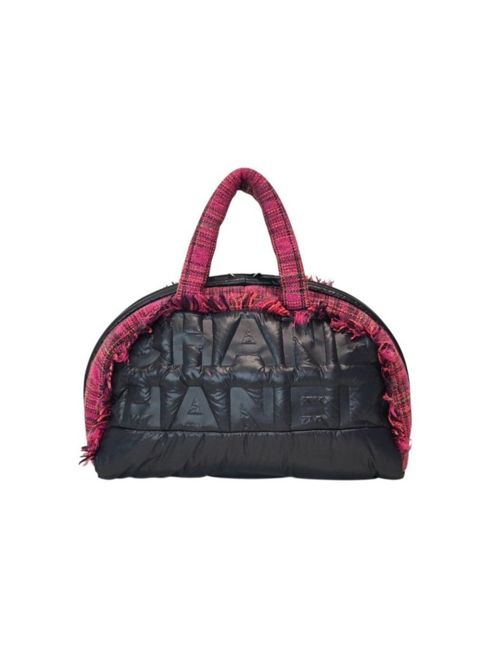 Chanel Boston Handbag Logo Pink Navy Tweed Nylon